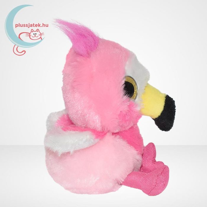 Éneklő madárkák: Csillogó szemű rózsaszín flamingó plüss (12 cm), oldalról