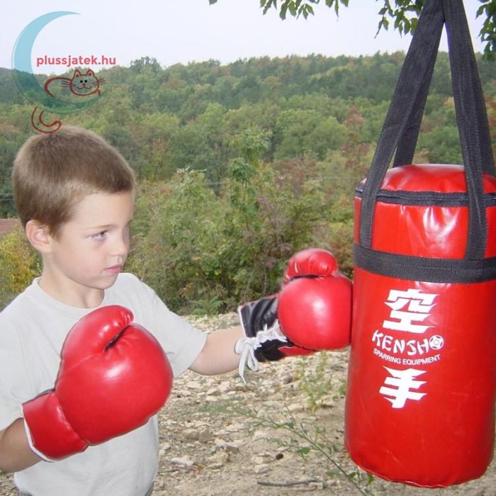Piros gyermek bokszzsák szett (35x20 cm) 1 pár kesztyűvel, játék közben