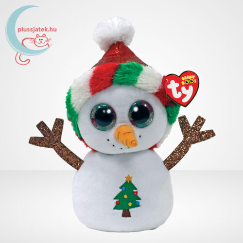 Ty Beanie Boos: Misty, a karácsonyi csillogó szemű plüss hóember, karácsonyfa mintával (15 cm)