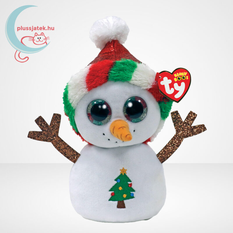 Ty Beanie Boos: Misty, a karácsonyi csillogó szemű plüss hóember, karácsonyfa mintával (15 cm)
