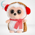 Csillogó szemű fülvédős karácsonyi plüss süni csíkos sálban, 10 cm (Mini Motsu, Keel Toys)