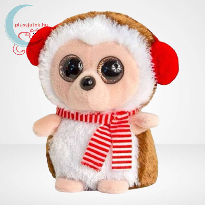 Csillogó szemű fülvédős karácsonyi plüss süni csíkos sálban, 10 cm (Mini Motsu, Keel Toys)