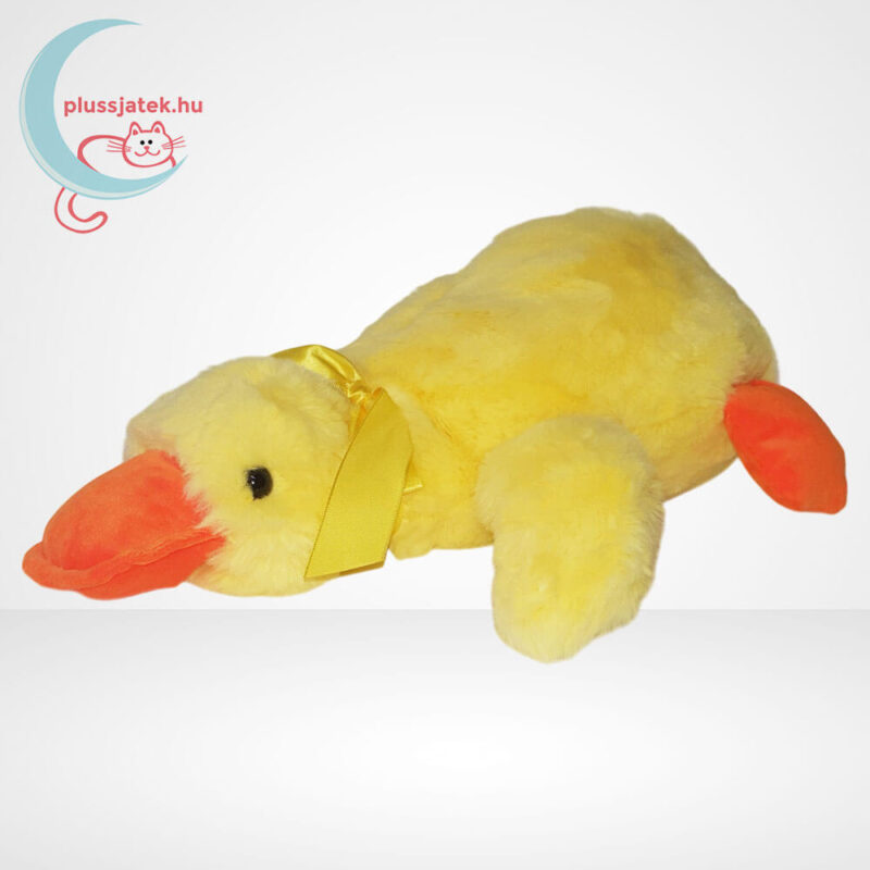 Átölelhető, hason fekvő, sárga plüss kacsa párna sárga masnival (36 cm)
