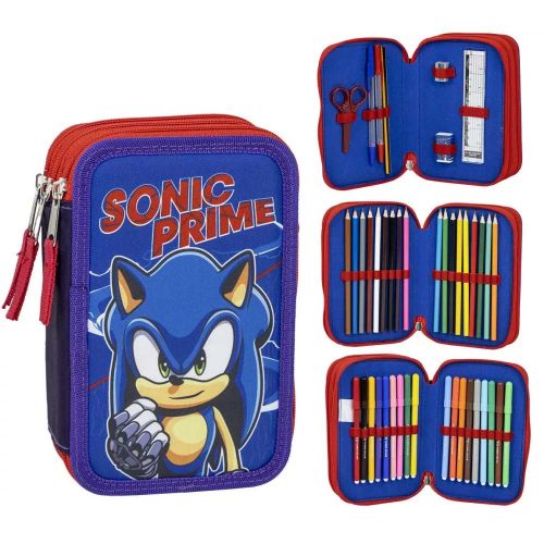 Sonic Prime: 3 emeletes Sonic mintás, kék-piros színű töltött tolltartó