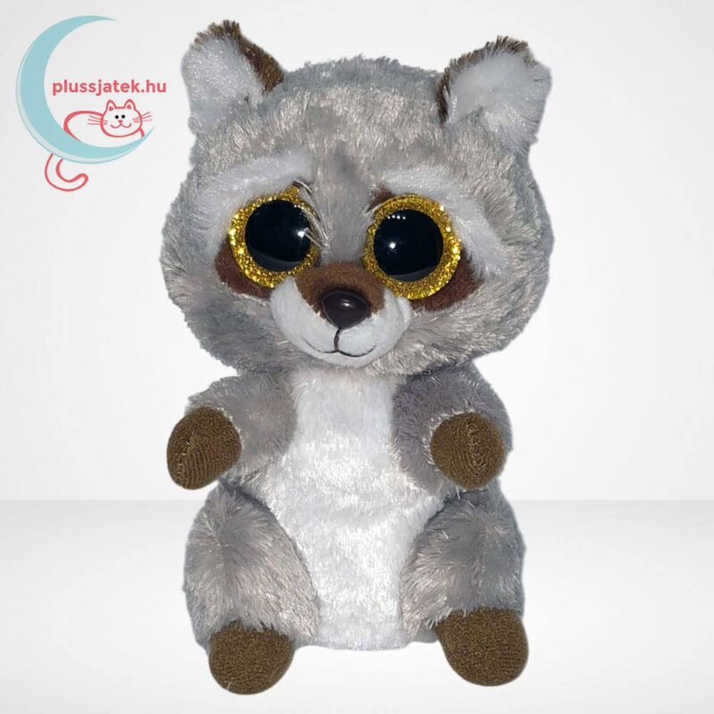 Ty Beanie Boos: Oakie, a csillogó szemű szürke plüss mosómedve balról (15 cm)