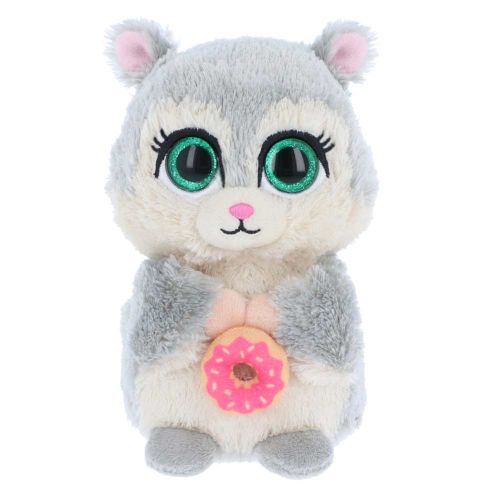Csillogó szemű plüss cica fánkkal, 14 cm (Animotsu)