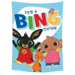 Bing nyuszi és barátai: Kék-fehér csíkos, Bing, Sula és Flop mintás polár takaró, 100x150 cm