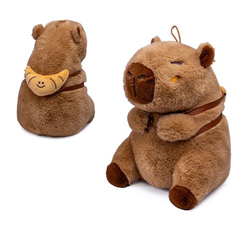 Átölelhető, ülő plüss capybara vízidisznó croissant hátizsákkal, 35 cm