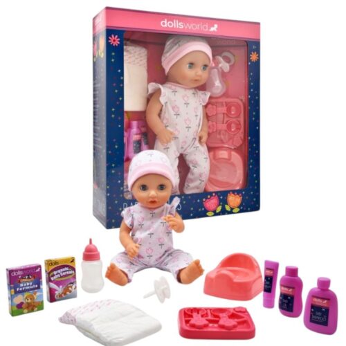 Baby Tinkles interaktív (iszik, pisil, alszik) játékbaba kiegészítőkkel, 38 cm (Dolls World)
