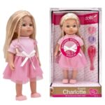 Magyarul beszélő, fésülhető Charlotte játékbaba, rózsaszín ruhában, 36 cm (Dolls World)