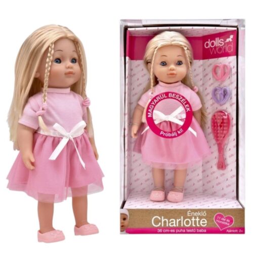 Magyarul beszélő, fésülhető Charlotte játékbaba, rózsaszín ruhában, 36 cm (Dolls World)